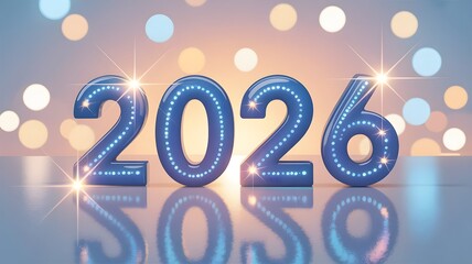 Shiny blue balloons forming the year 2026 with soft bokeh lights in the background, conveying a sense of new beginnings and celebration