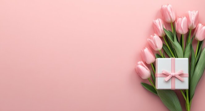 Against a gentle pink background, a bouquet of pink tulips is paired with a gift box wrapped in a pink ribbon, evoking feelings of Mother's Day, Valentine's Day, birthdays, and seasonal spring