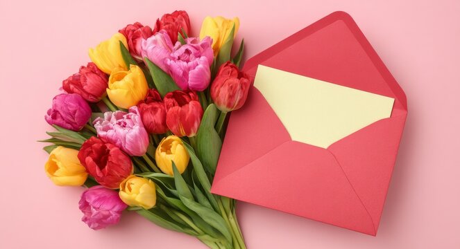 The image of pink, yellow, and white tulips arranged in a bouquet alongside a greeting card with a pink ribbon pattern on a soft pink background conjures up thoughts of springtime, appreciation, - Powered by Adobe