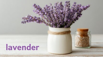 In a pale gray setting, a table supports a vase filled with dried purple lavender, offering room for heartfelt sayings or uplifting quotes, viewed from the front