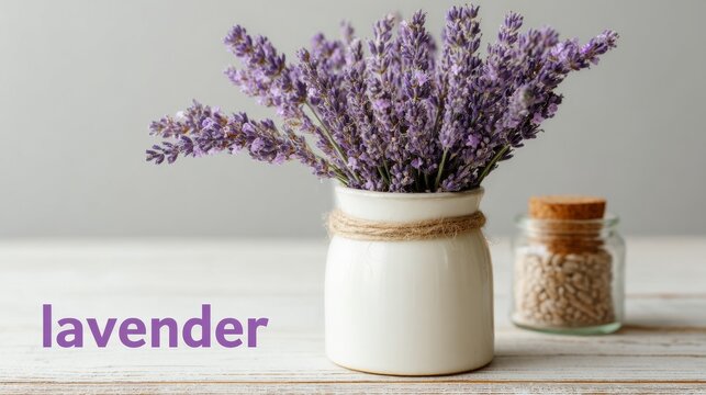 In a pale gray setting, a table supports a vase filled with dried purple lavender, offering room for heartfelt sayings or uplifting quotes, viewed from the front - Powered by Adobe