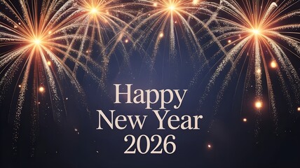 Elegant happy new year 2026 message in a classic font, set against a dark backdrop adorned with dazzling fireworks, creating a celebratory and hopeful atmosphere