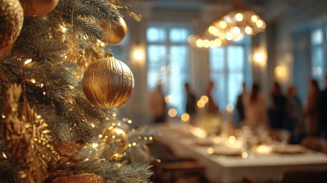 Festive Christmas tree adorned with golden ornaments and twinkling lights, creating a warm atmosphere for holiday gatherings and celebrations in an elegant dining space