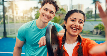 Padel, people or portrait on court with selfie, friends or digital memories of sports game. Fitness, POV or athlete outdoor with bat, tennis support or moment capture for social media post update.