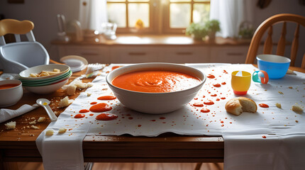 a wooden kitchen table with a white tablecloth, a large bowl of spilled tomato soup in the center, surrounded by empty bowls and utensils, with crumbs and stains from the children's meal