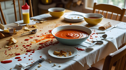a wooden kitchen table with a white tablecloth, a large bowl of spilled tomato soup in the center, surrounded by empty bowls and utensils, with crumbs and stains from the children's meal