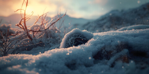 Golden Hour Sunbeams Illuminating Fresh Snow and Ice Crystals.