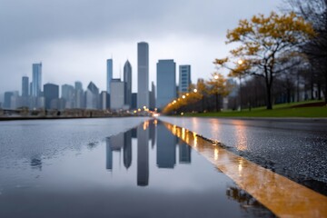 Obraz premium Chicago cityscape reflecting in street puddle during autumn