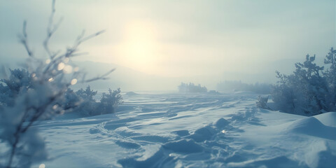 Golden Sunrise Over a Frozen Snowy Wilderness Trail