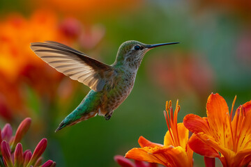 Fototapeta premium Hummingbird feeding near bright flowers. Vibrant garden wildlife close-up.