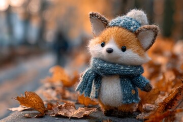 Obraz premium Knitted fox doll in hat and scarf during autumn