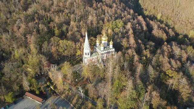Aerial view of Shipka Monastery Holy Nativity, known as Russian church in town of Shipka, Stara Zagora Region, Bulgaria