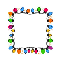 Fototapeta premium Hand-drawn square Christmas lights frame with bright colors, bold black outline, and gold accents on a white background 