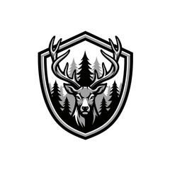 Fototapeta premium A stylized black and white emblem of a stag with large antlers, set against a forest, within a shield