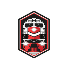 Bold red and white train stylized within a hexagonal frame, set against a black and white border