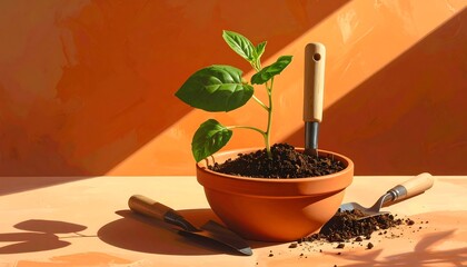 Indoor gardening still life with plant, soil, and tools against orange wall