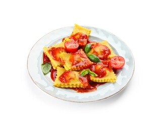 Delicious ravioli with tomato sauce and basil isolated on white