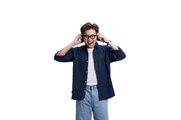 Joyful Tune: A Man Immersed in Music: A stylish man, lost in the world of music, smiles as he adjusts his headphones, enjoying a personal moment of auditory delight.