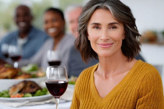 Mature woman smiling at dinner party with friends