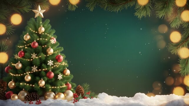 Festive christmas tree adorned with ornaments and lights, set against a magical bokeh background with snow and fir branches framing the scene