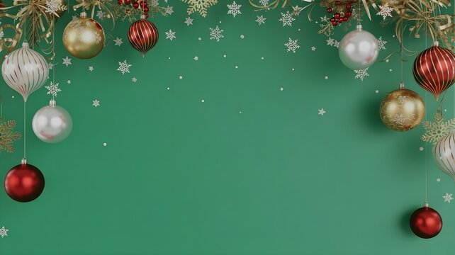 Elegant christmas ornaments and sparkling snowflakes suspended against a vibrant green background, creating a festive and decorative border for holiday designs