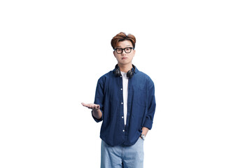 Focused Gaze: A thoughtful young man, adorned with glasses and casual wear, gestures open-handedly, conveying a sense of openness and invitation.