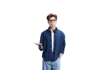 Focused Gaze: A thoughtful young man, adorned with glasses and casual wear, gestures open-handedly, conveying a sense of openness and invitation.