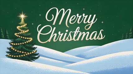 Enchanting christmas scene with a solitary decorated tree sparkling under a starry night sky, set against a backdrop of snowy hills, wishing a merry christmas