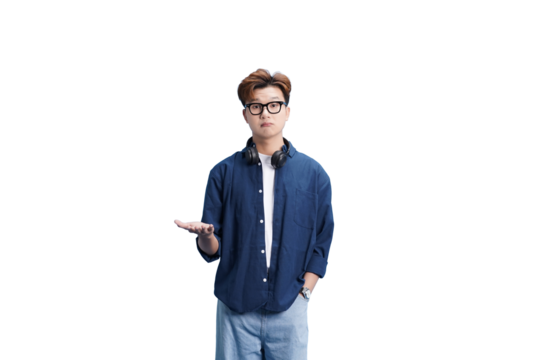 Focused Gaze: A thoughtful young man, adorned with glasses and casual wear, gestures open-handedly, conveying a sense of openness and invitation. - Powered by Adobe