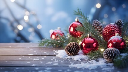Closeup of red christmas baubles and pine cones with snow on a rustic wooden surface, set against a softly blurred background of festive lights