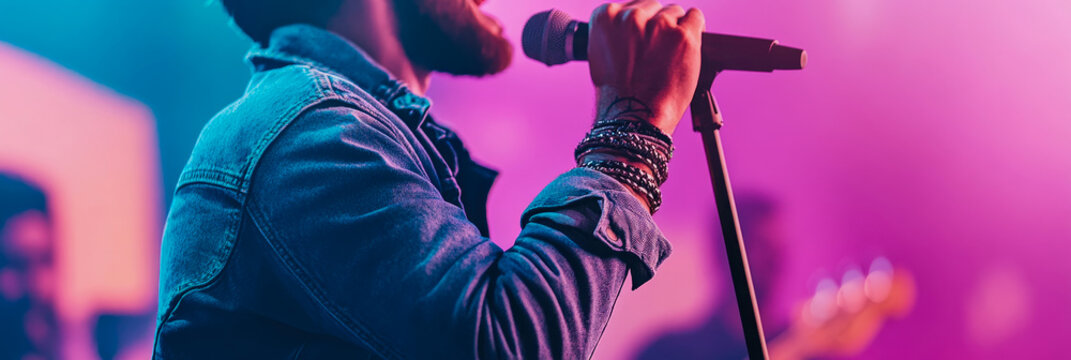 Close-up of energetic male singer in denim jacket holding microphone, passionately performing on stage under vibrant neon lights - Powered by Adobe