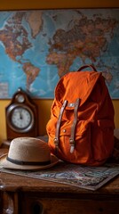 Obraz premium Bright Orange Backpack and Straw Hat on a Wooden Table With a World Map in the Background