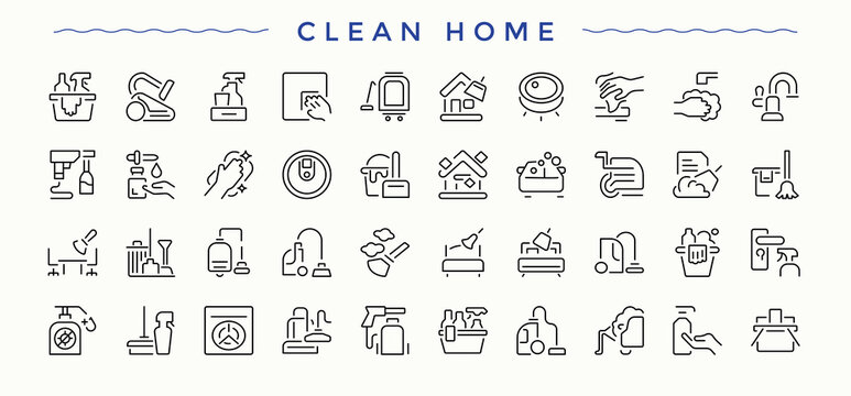 Clean Home related icon set. Featuring hygiene, sweep, clean, disinfect and more. Housekeeping icon set. Editable vector stroke.