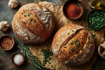 Freshly Baked Bread Loaves With Herbs and Spices on a Rustic Kitchen Countertop in the Afternoon Light