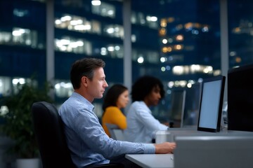 Business people working late in modern office building