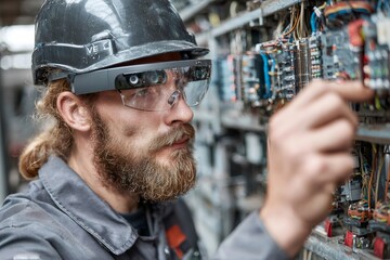 Engineer wearing smart glasses working on industrial control panel