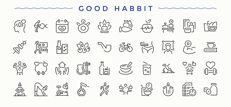 Good Habit line icon. Featuring fitness, exercise, style, life, health, fit and more. Thin outline icons pack. Life icon set. Pixel perfect. Vector illustration.