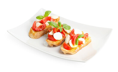 Tasty bruschettas with mozzarella cheese, tomatoes and basil isolated on white