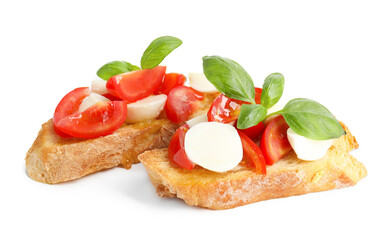 Tasty bruschettas with mozzarella cheese, tomatoes and basil isolated on white