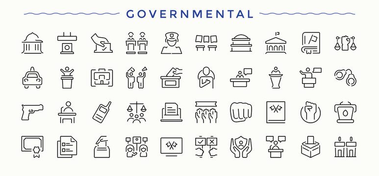 Governmental icon set. Election icon set. Contain linear sign government, political, referendum, polling, poll, politics and more. Pictogram and infographic.
