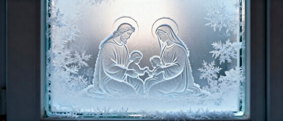 Christmas background. Frosted glass artwork depicting a serene family scene with intricate details, showcasing a winter theme and evoking feelings of warmth and togetherness during the holiday season