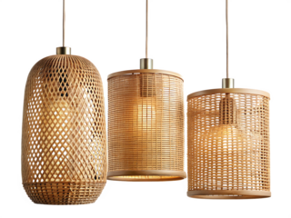 Three woven bamboo pendant lights hanging isolated on white background