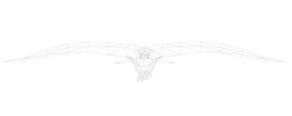 A geometric wireframe pterodactyl with spread wings, depicted in a monochrome line art style, resembles a stylized hawk in flight. © German Ovchinnikov