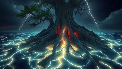 Ancient tree roots glowing beneath a cracked island surface, resembling buried lightning.