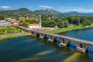 Aerial of Ponte de Lima Village with Medieval Bridge, Northern Portugal