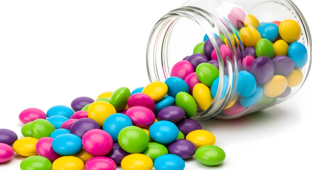 Fototapeta premium Colorful round sweets spilling from a clear glass jar