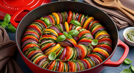 Vibrant and colorful spiral vegetable tian casserole