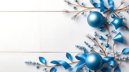 Celebration concept with blue decorative elements on a white wooden background.