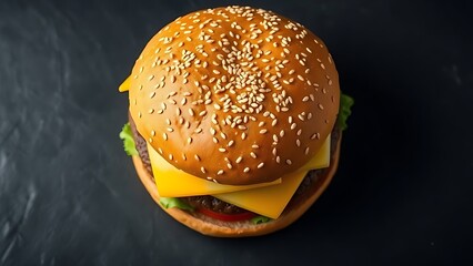 Fresh burger with lettuce and cheese isolated on a dark slate background.