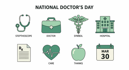 Eight icons related to National Doctors Day stethoscope bag symbol hospital prescription heart apple and calendar